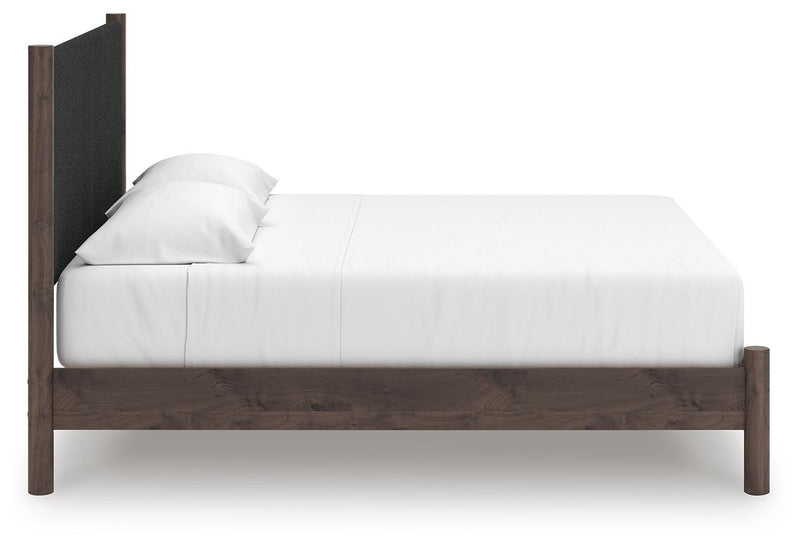 Pamytta King Upholstered Panel Platform Bed, Dresser and Mirror in Brown - PKG022747