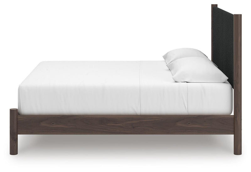 Pamytta King Upholstered Panel Platform Bed, Dresser and Mirror in Brown - PKG022747