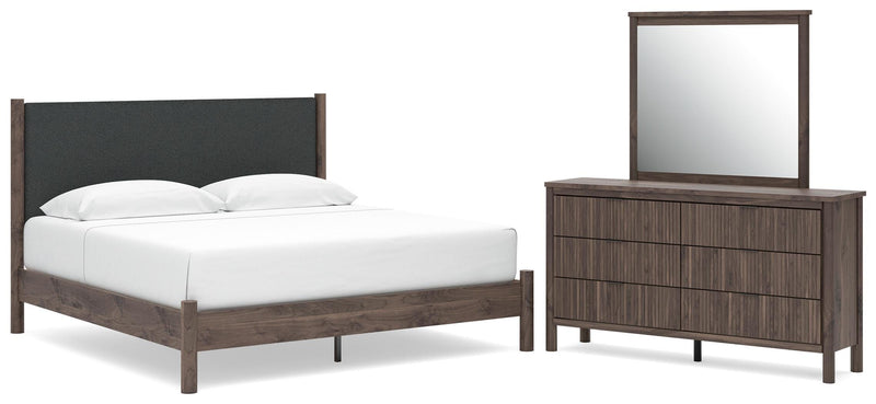 Pamytta King Upholstered Panel Platform Bed, Dresser and Mirror in Brown - PKG022747