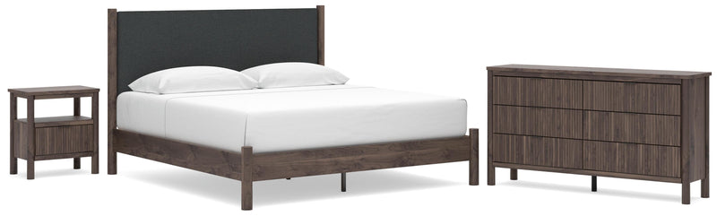 Pamytta King Upholstered Panel Platform Bed, Dresser and Nightstand in Brown - PKG022752