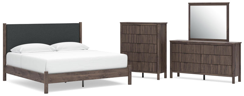 Pamytta King Upholstered Panel Platform Bed, Dresser, Mirror and Chest in Brown - PKG022749