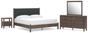 Pamytta King Upholstered Panel Platform Bed, Dresser, Mirror and Nightstand in Brown - PKG022748