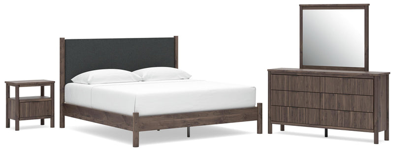 Pamytta King Upholstered Panel Platform Bed, Dresser, Mirror and Nightstand in Brown - PKG022748