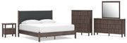 Pamytta King Upholstered Panel Platform Bed, Dresser, Mirror, Chest and Nightstand in Brown - PKG022750