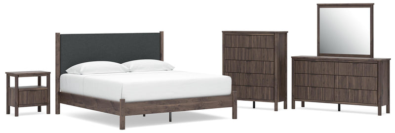 Pamytta King Upholstered Panel Platform Bed, Dresser, Mirror, Chest and Nightstand in Brown - PKG022750