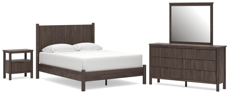 Pamytta Queen Panel Platform Bed, Dresser, Mirror and Nightstand in Brown - PKG022676