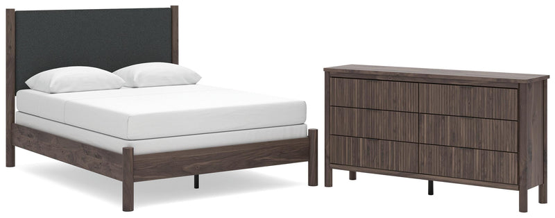 Pamytta Queen Upholstered Panel Bed and Dresser in Brown - PKG022733