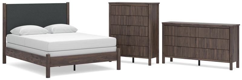 Pamytta Queen Upholstered Panel Bed, Dresser and Chest in Brown - PKG022775