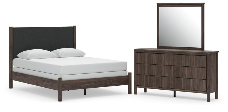 Pamytta Queen Upholstered Panel Bed, Dresser and Mirror in Brown - PKG022729