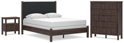 Pamytta Queen Upholstered Panel Bed, Dresser, Mirror and Nightstand in Brown - PKG022776