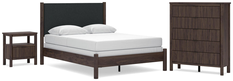 Pamytta Queen Upholstered Panel Bed, Dresser, Mirror and Nightstand in Brown - PKG022776
