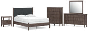 Pamytta Queen Upholstered Panel Bed, Dresser, Mirror, Chest and Nightstand in Brown - PKG022732