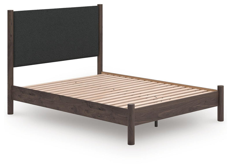 Pamytta Queen Upholstered Panel Platform Bed and Dresser in Brown - PKG022697