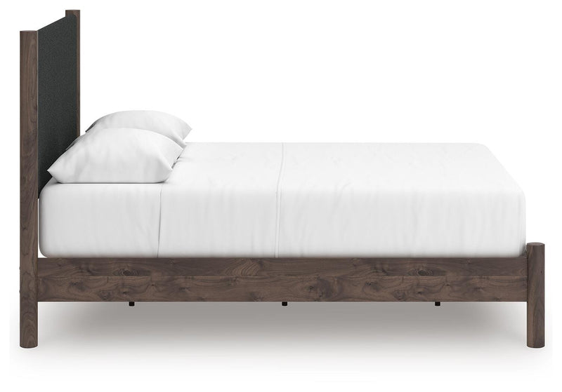 Pamytta Queen Upholstered Panel Platform Bed and Dresser in Brown - PKG022697