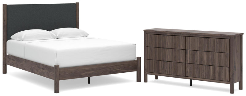 Pamytta Queen Upholstered Panel Platform Bed and Dresser in Brown - PKG022697