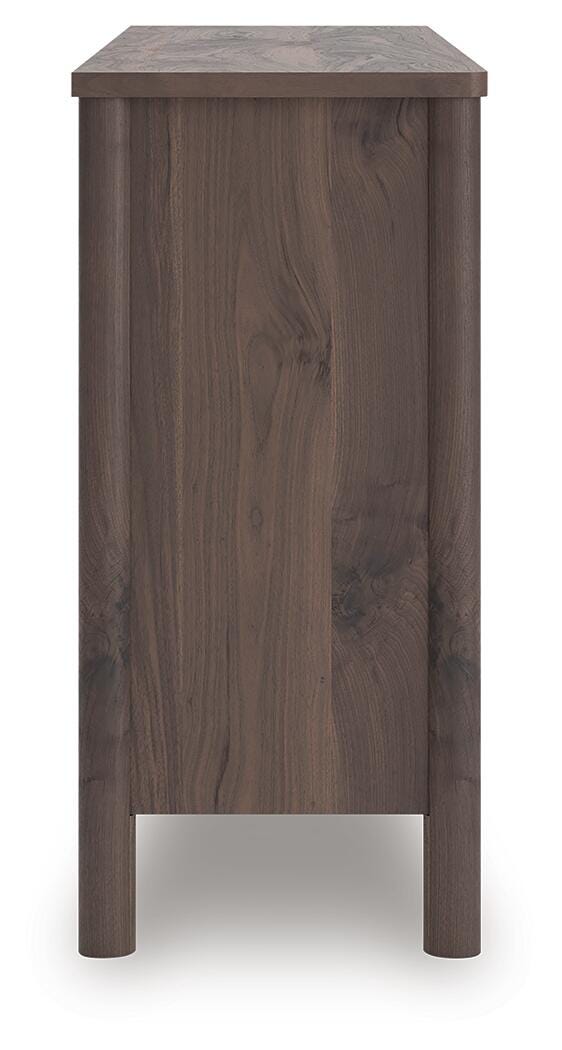 Pamytta Queen Upholstered Panel Platform Bed and Dresser in Brown - PKG022697