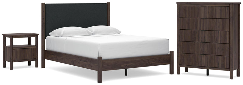 Pamytta Queen Upholstered Panel Platform Bed, Chest and  Nightstand in Brown - PKG022764