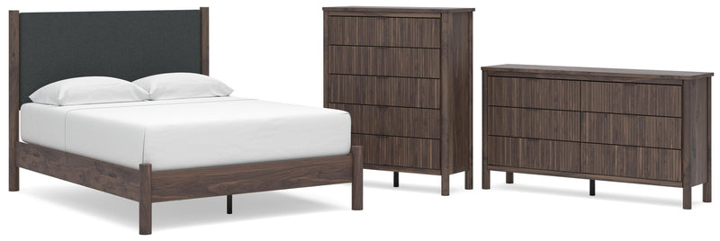 Pamytta Queen Upholstered Panel Platform Bed, Dresser and Chest in Brown - PKG022763
