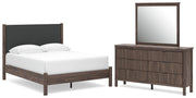 Pamytta Queen Upholstered Panel Platform Bed, Dresser and Mirror in Brown - PKG022693