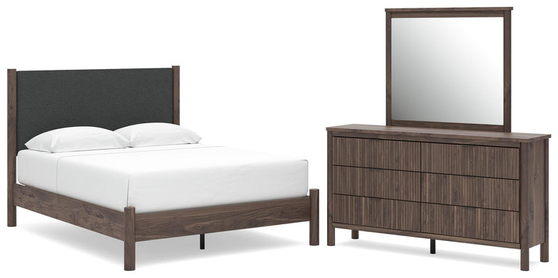 Pamytta Queen Upholstered Panel Platform Bed, Dresser and Mirror in Brown - PKG022693