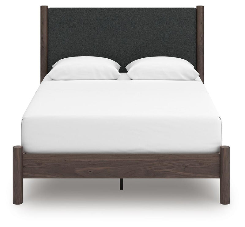 Pamytta Queen Upholstered Panel Platform Bed, Dresser and Mirror in Brown - PKG022693
