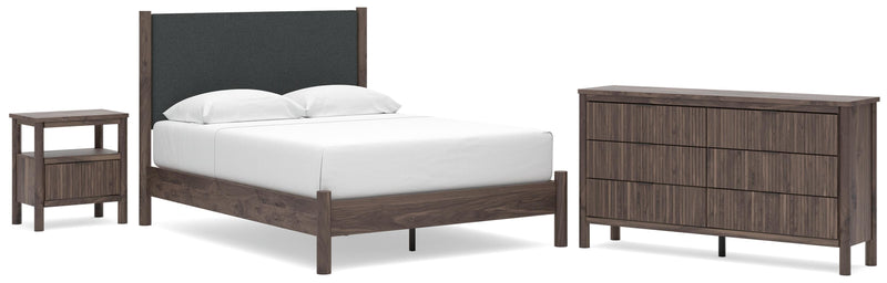 Pamytta Queen Upholstered Panel Platform Bed, Dresser and Nightstand in Brown - PKG022698