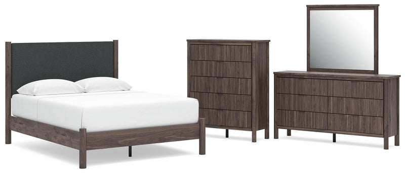 Pamytta Queen Upholstered Panel Platform Bed, Dresser, Mirror and Chest in Brown - PKG022695