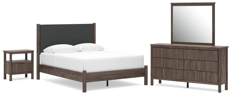 Pamytta Queen Upholstered Panel Platform Bed, Dresser, Mirror and Nightstand in Brown - PKG022694