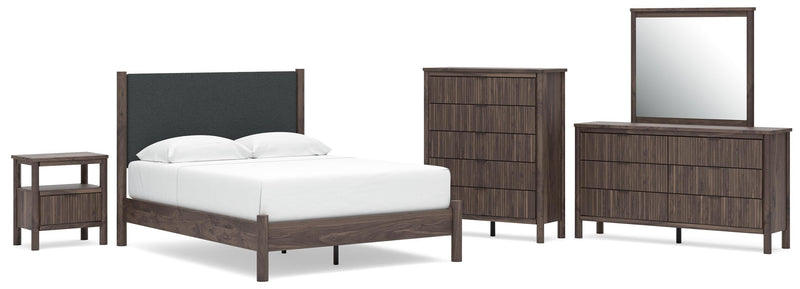 Pamytta Queen Upholstered Panel Platform Bed, Dresser, Mirror, Chest and Nightstand in Brown - PKG022696