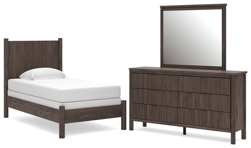 Pamytta Twin Panel Bed, Dresser and Mirror in Brown - PKG022699