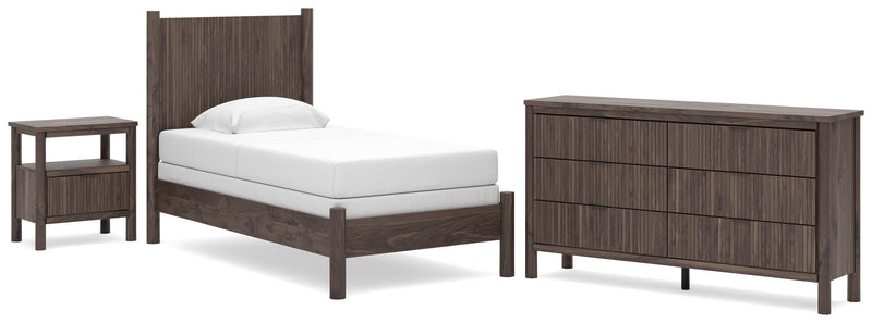 Pamytta Twin Panel Bed, Dresser and Nightstand in Brown - PKG022704