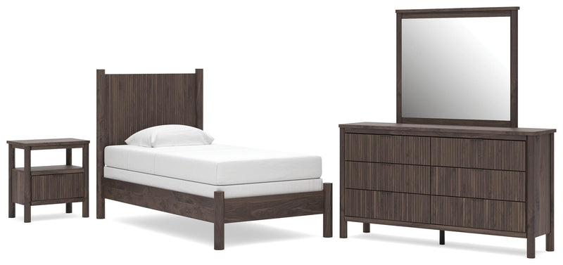 Pamytta Twin Panel Bed, Dresser, Mirror and Nightstand in Brown - PKG022700