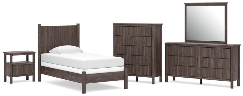 Pamytta Twin Panel Bed, Dresser, Mirror, Chest and Nightstand in Brown - PKG022702