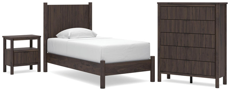 Pamytta Twin Panel Platform Bed, Chest and  Nightstand in Brown - PKG022754
