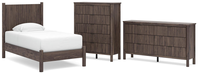 Pamytta Twin Panel Platform Bed, Dresser and Chest in Brown - PKG022753