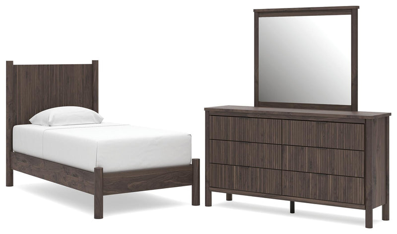 Pamytta Twin Panel Platform Bed, Dresser and Mirror in Brown - PKG022663