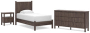 Pamytta Twin Panel Platform Bed, Dresser and Nightstand in Brown - PKG022668