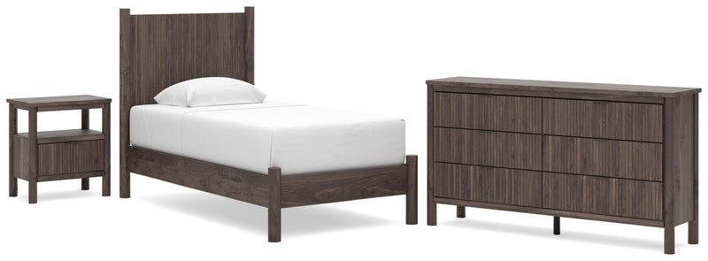 Pamytta Twin Panel Platform Bed, Dresser and Nightstand in Brown - PKG022668