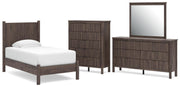 Pamytta Twin Panel Platform Bed, Dresser, Mirror and Chest in Brown - PKG022665