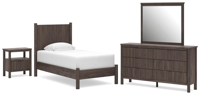 Pamytta Twin Panel Platform Bed, Dresser, Mirror and Nightstand in Brown - PKG022664