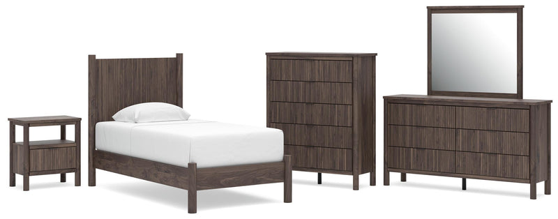 Pamytta Twin Panel Platform Bed, Dresser, Mirror, Chest and Nightstand in Brown - PKG022666