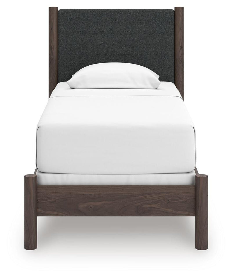 Pamytta Twin Upholstered Panel Bed and Dresser in Brown - PKG022721