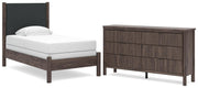 Pamytta Twin Upholstered Panel Bed and Dresser in Brown - PKG022721