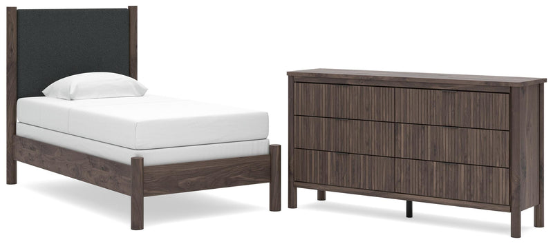 Pamytta Twin Upholstered Panel Bed and Dresser in Brown - PKG022721