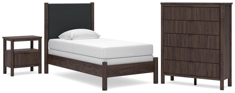 Pamytta Twin Upholstered Panel Bed, Chest and  Nightstand in Brown - PKG022772