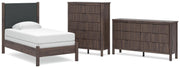 Pamytta Twin Upholstered Panel Bed, Dresser and Chest in Brown - PKG022771