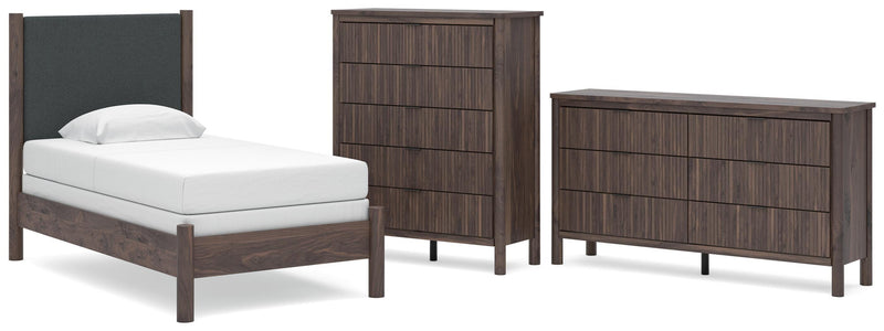 Pamytta Twin Upholstered Panel Bed, Dresser and Chest in Brown - PKG022771