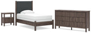 Pamytta Twin Upholstered Panel Bed, Dresser and Nightstand in Brown - PKG022722