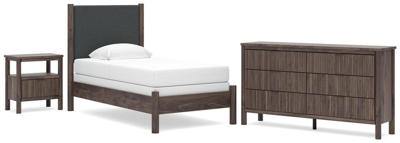 Pamytta Twin Upholstered Panel Bed, Dresser and Nightstand in Brown - PKG022722