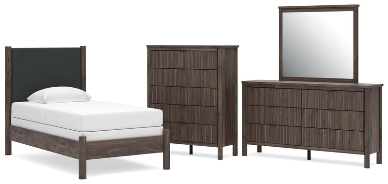 Pamytta Twin Upholstered Panel Bed, Dresser, Mirror and Chest in Brown - PKG022719